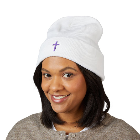 Embroidered Cross Classic Cuffed Beanie - Stylish Winter Accessory